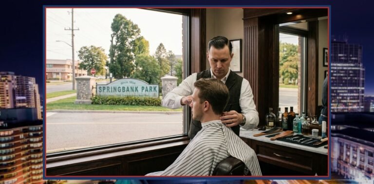 A barbershop in the Byron Neighbourhood of London, Ontario. with a barber cutting hair in the shop