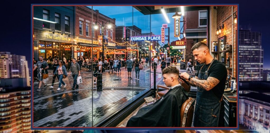 Downtown London Ontario Barber cutting hair, bustling street view.