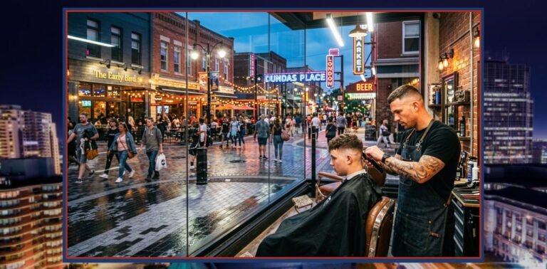 Downtown London Ontario Barber cutting hair, bustling street view.