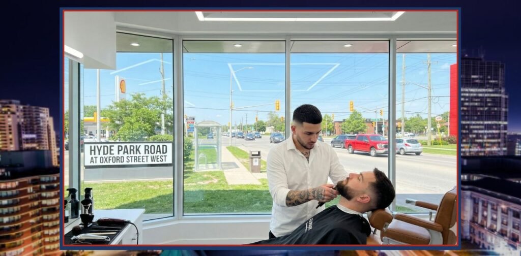 Hyde Park London Ontario Barber cutting hair in bright shop