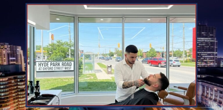 Hyde Park London Ontario Barber cutting hair in bright shop
