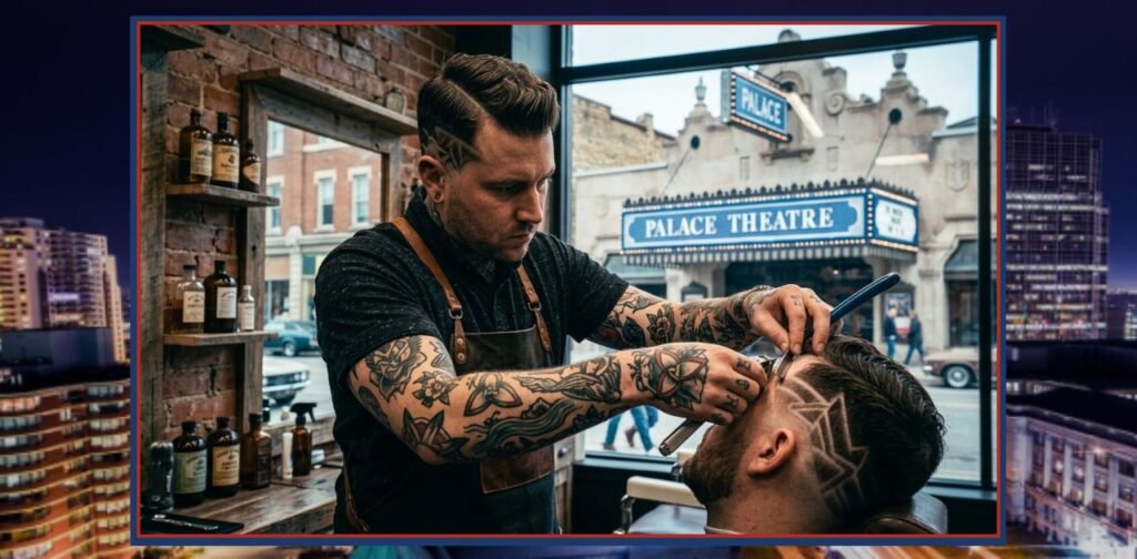 Old East Village London Ontario Tattooed barber styling customer's hair.
