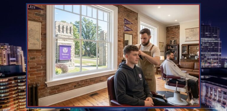 Old North London Ontario Barber shop with two customers inside.