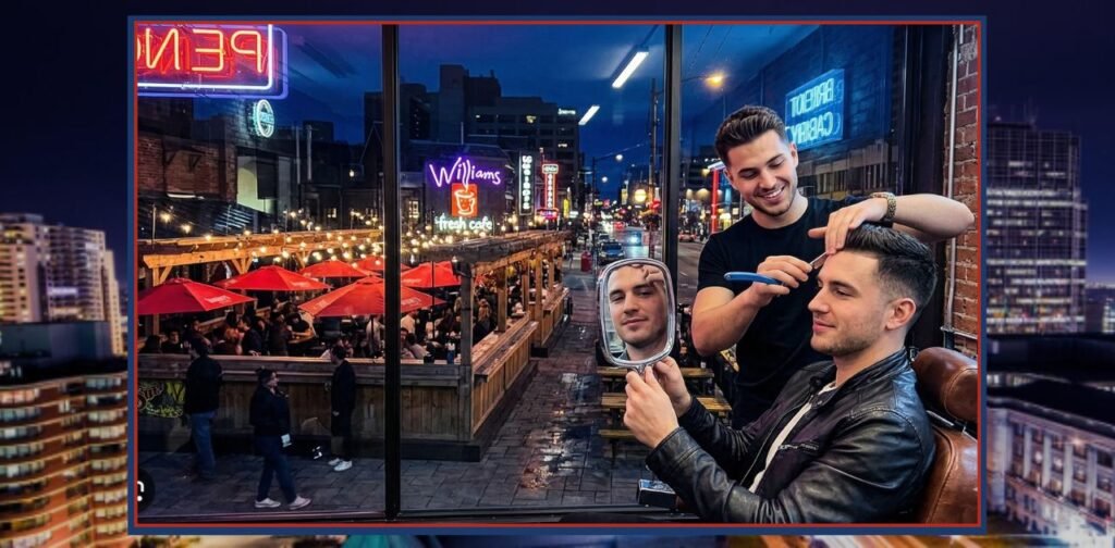 Richmond Row London Ontario Barber cutting hair with city view