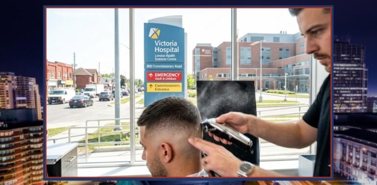 South London Ontario Barber cutting hair near hospital.