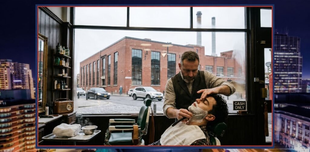 East London Barber shaving a customer indoors.