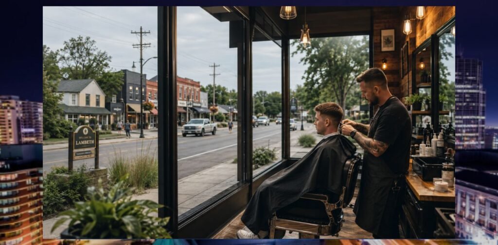 Lambeth Barber cutting hair in shop
