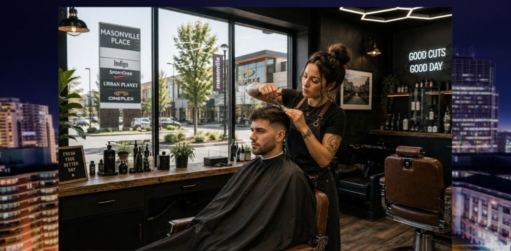Masonville Barber cutting man's hair indoors