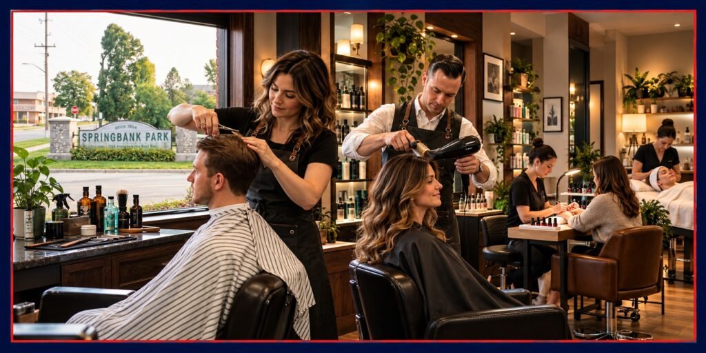 Illustration of hairstyling for women and men, nail care and a facial treatment in Byron, London, Ontario.