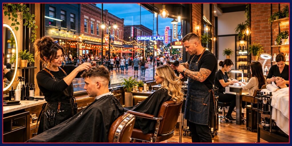 Illustration of hairstyling for women and men, nail care and a facial treatment in Downtown, London, Ontario.