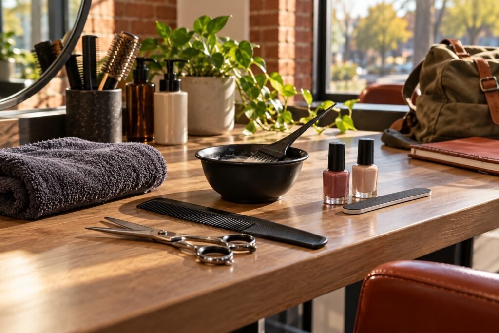 Haircut, colour and nail-care tools on a salon counter beside a student bag