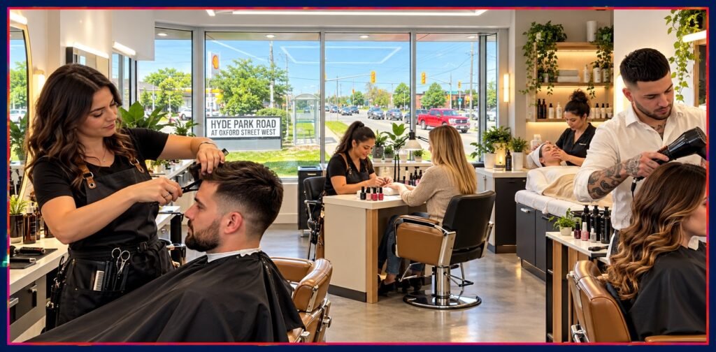 Illustration of hairstyling for women and men, nail care and a facial treatment in Hyde Park, London, Ontario.