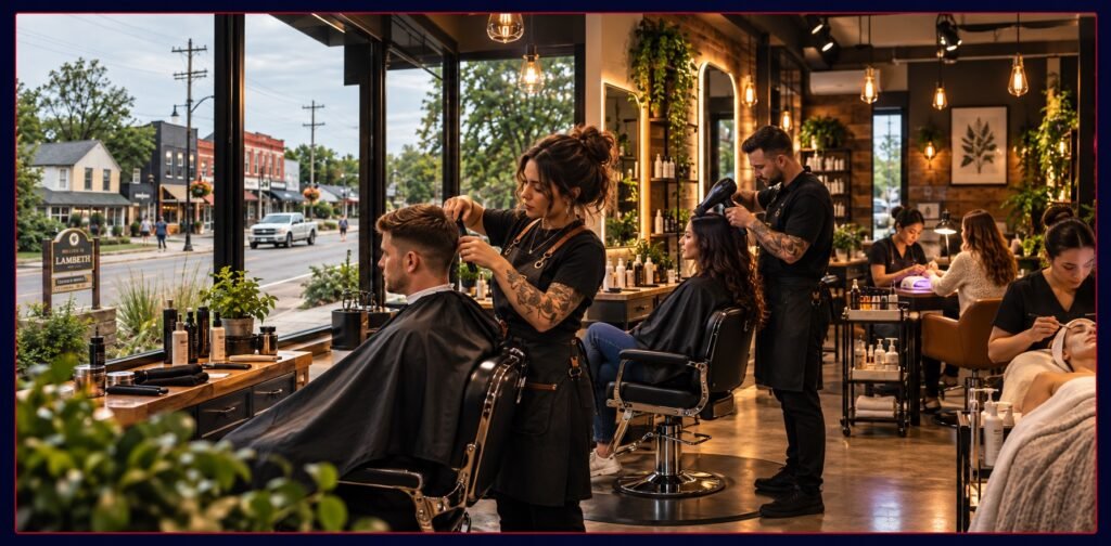 Illustration of hairstyling for women and men, nail care and a facial treatment in Lambeth, London, Ontario.