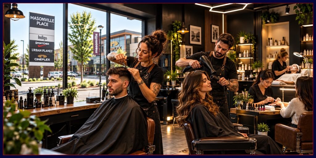 Illustration of hairstyling for women and men, nail care and a facial treatment in Masonville, London, Ontario.