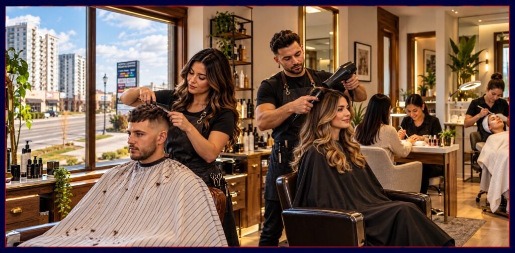 Illustration of hairstyling for women and men, nail care and a facial treatment in North London, London, Ontario.