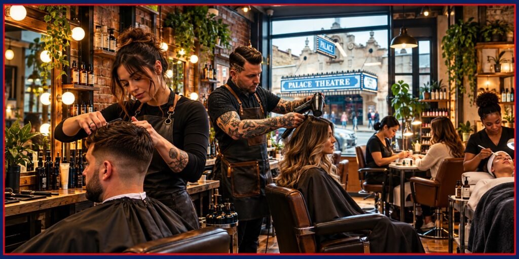 Illustration of hairstyling for women and men, nail care and a facial treatment in Old East Village, London, Ontario.