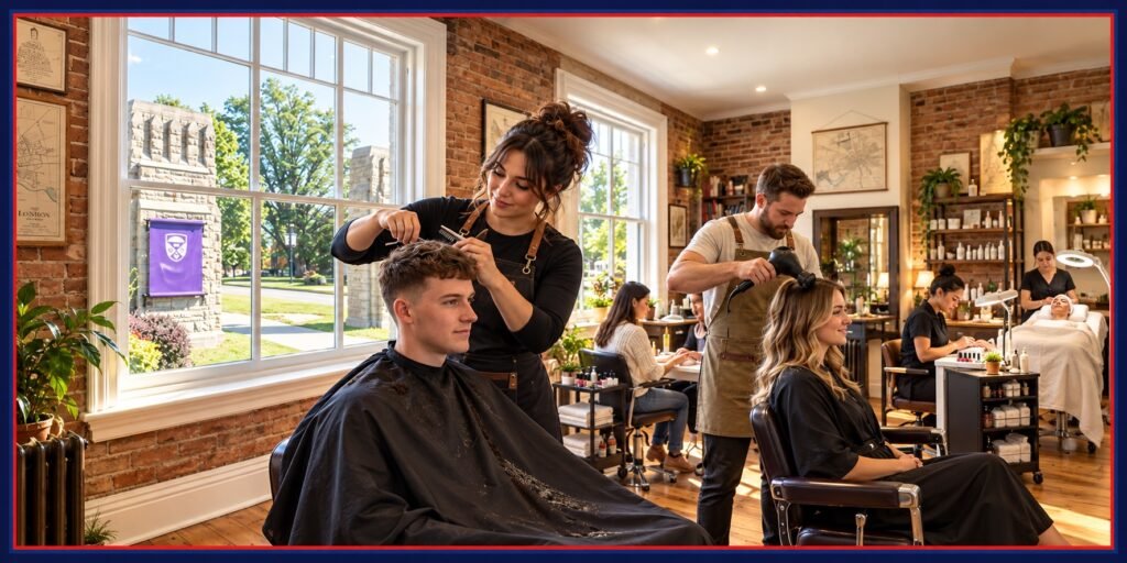 Illustration of hairstyling for women and men, nail care and a facial treatment in Old North, London, Ontario.