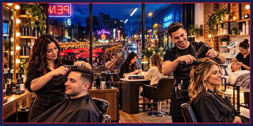 Illustration of hairstyling for women and men, nail care and a facial treatment in Richmond Row, London, Ontario.
