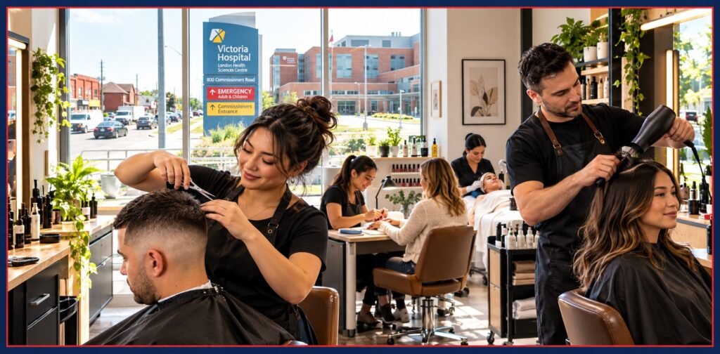 Illustration of hairstyling for women and men, nail care and a facial treatment in South London, London, Ontario.