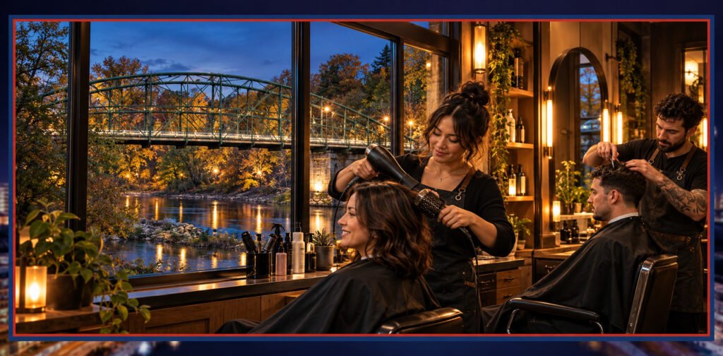 Illustration of women's hair styling and a men's haircut beside Blackfriars Bridge in London, Ontario.