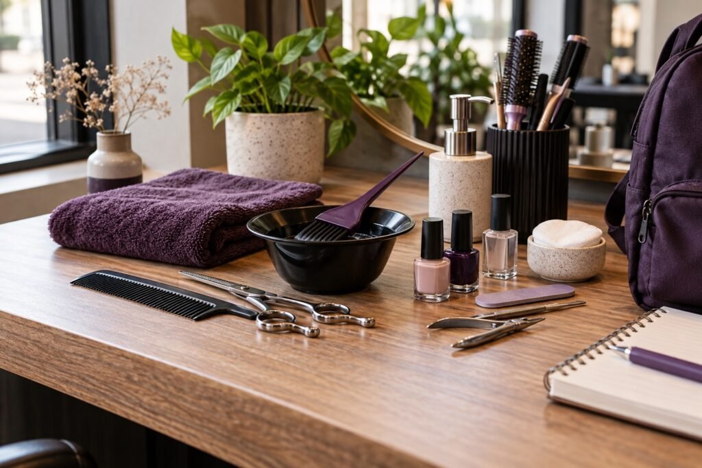 Haircut, colour and manicure tools beside a student notebook and purple bag